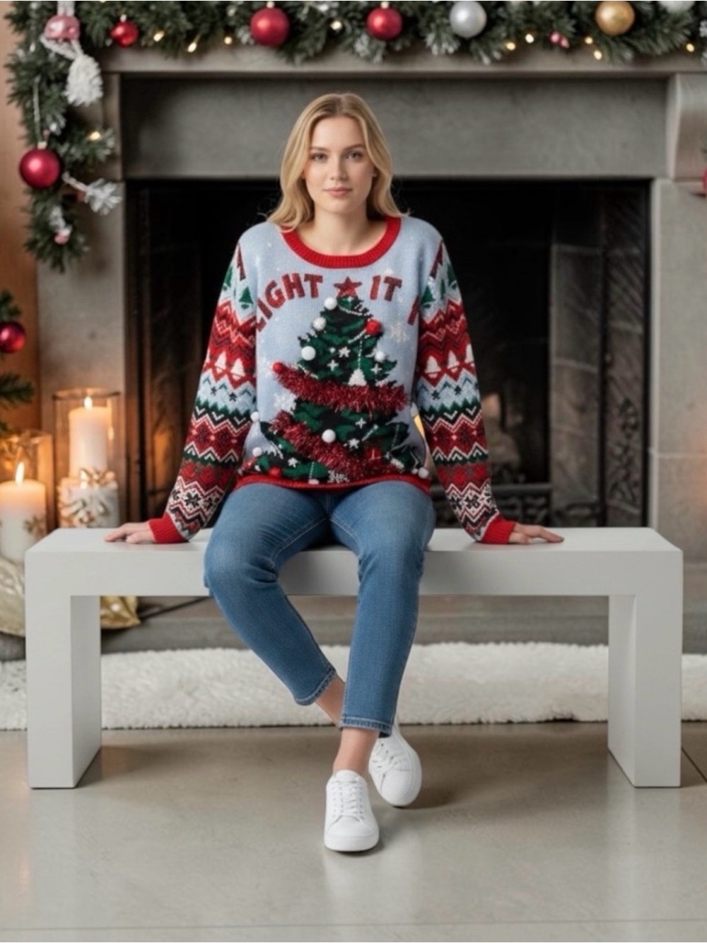 VTG. No Boundaries “Light it Up,” Ugly Xmas sweater-3DGarland Juniors (L) 11-13